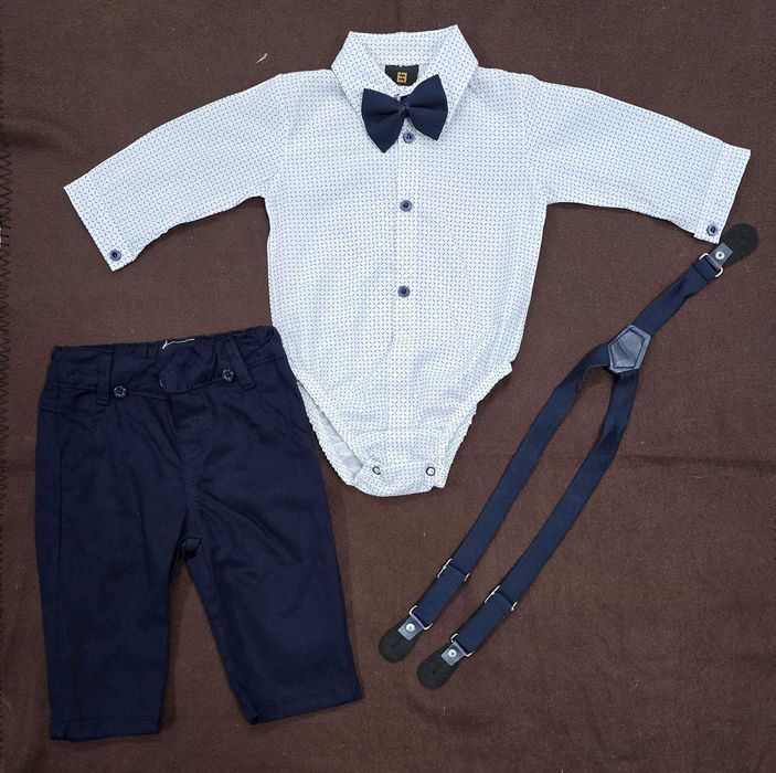Komplet galowy, garnitur, body, spodnie muszka szelki 80 -12m