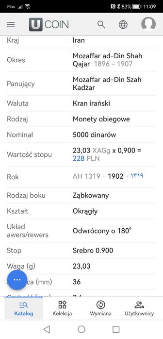 Moneta Srebro Iran 5000 Dinarów 1320 AH (1902 AD)