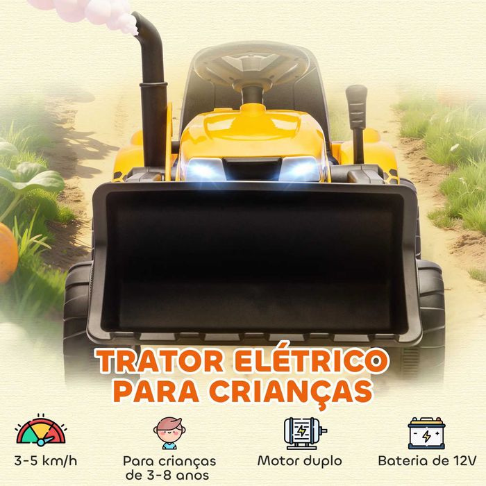 Trator Elétrico para Crianças com Reboque e Pá 12V Motor Duplo