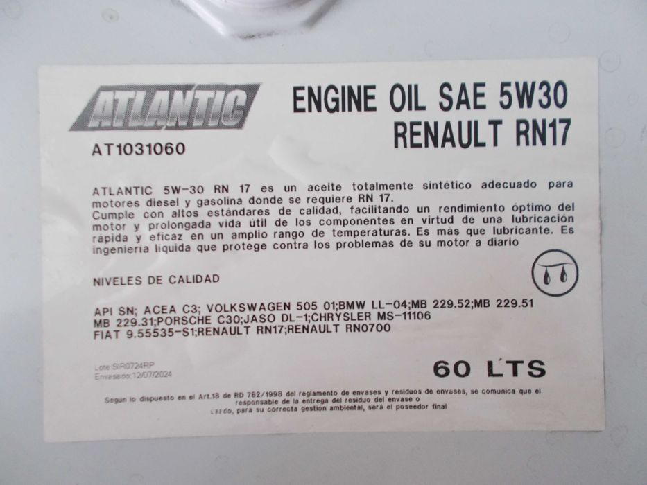 Atlantic Engine Oil 5w-30 Renault RN17 ( 60 Lt )