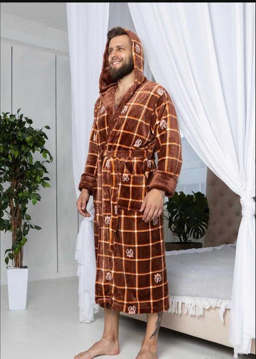 Мужской махровый халат на запах с капюшоном / мужской халат XL-6XL