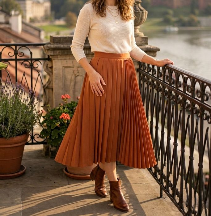 Spódnica długa ruda brązowa plisowana plisy maxi M 38