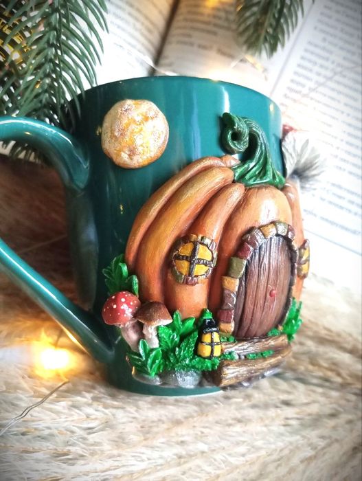 Чашка кружка полимерная глина подарок ручная Тыква Гриб Хеллоуин