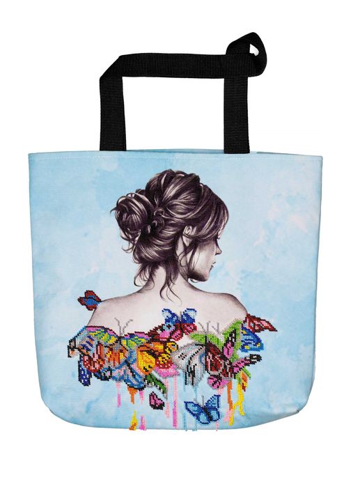 Ręcznie zdobiona torba shopper rozszyta koralikami - motyle
