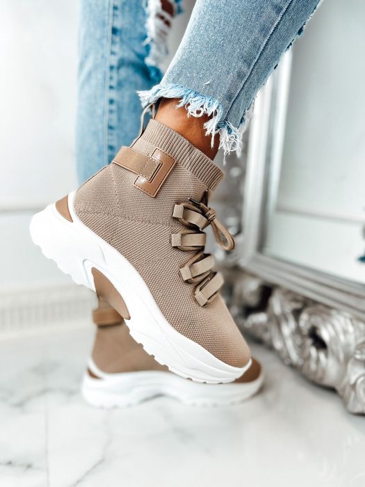 Skarpetkowe Buty Damskie Sneakersy Sportowe | Beige Roz. Eu 36