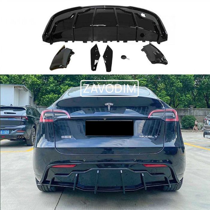 Дифузор TESLA Model Y на задній бампер 2020-25 Чорний Глянець диффузор + накладки