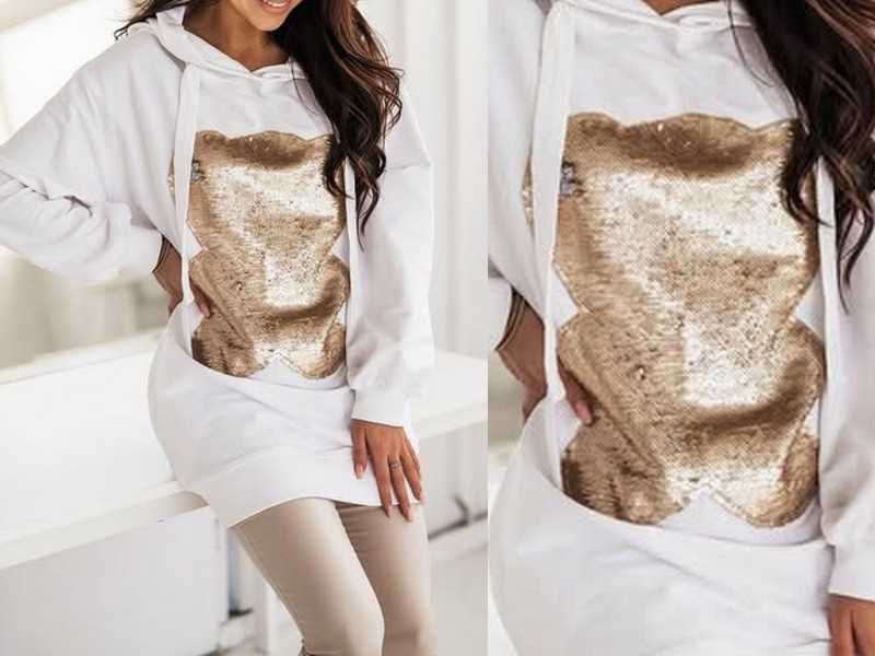 Cocomore biała bluza z misiem cekiny miś teddy