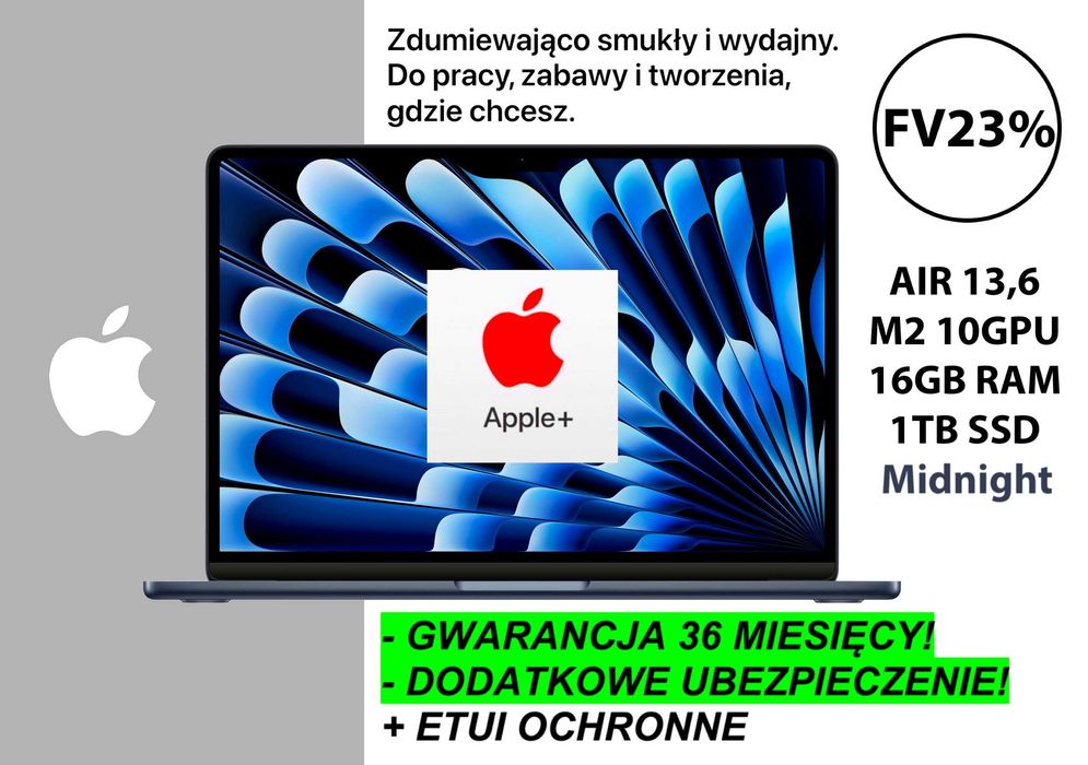 NOWY Apple MacBook Air 13 M2 16GB RAM 1TB SSD MIDNIGHT FV23% GW-3LATA!