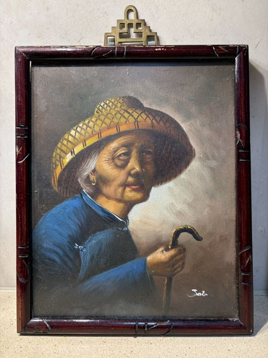 Conjunto de 2 pinturas Escola Chinesa vintage assinadas e emolduradas