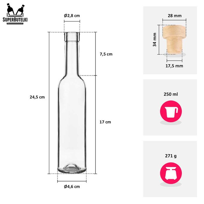 1x Butelka na nalewki soki FUTURA 250 ml z KORKIEM SYNTETYCZNYM