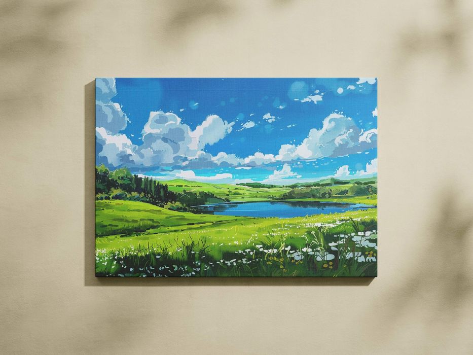 Obraz na płótnie "Łąka nad jeziorem" 80x60 cm - malowniczy krajobraz