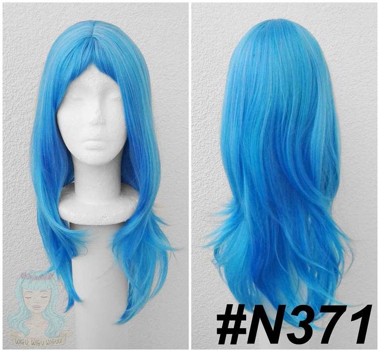 Niebieska długa peruka z prostą grzywką falowana cosplay wig niebieski