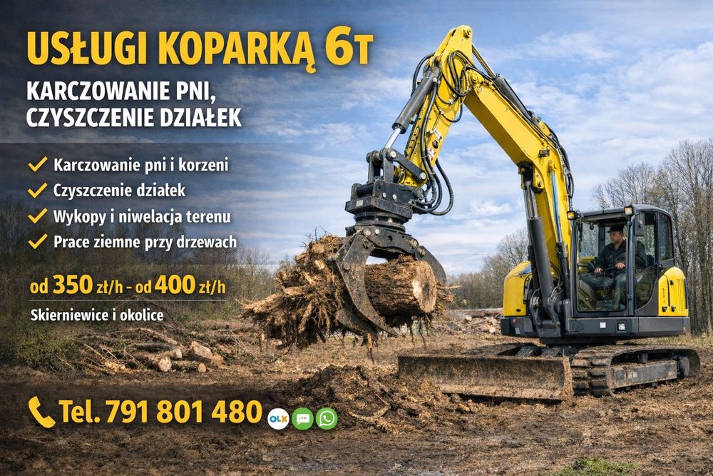 Usługi koparką 6t – karczowanie pni, czyszczenie działek
