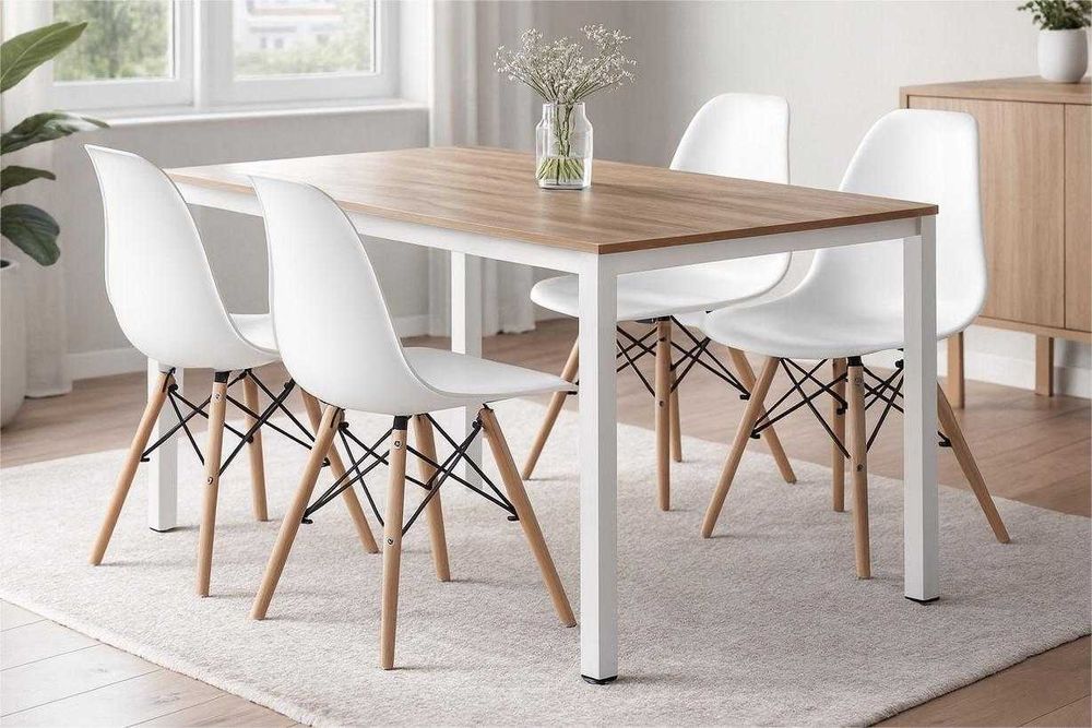 NOWY Stół z Krzesłami do Salonu Kuchni Jadalni Biały Drewniany Loft FV