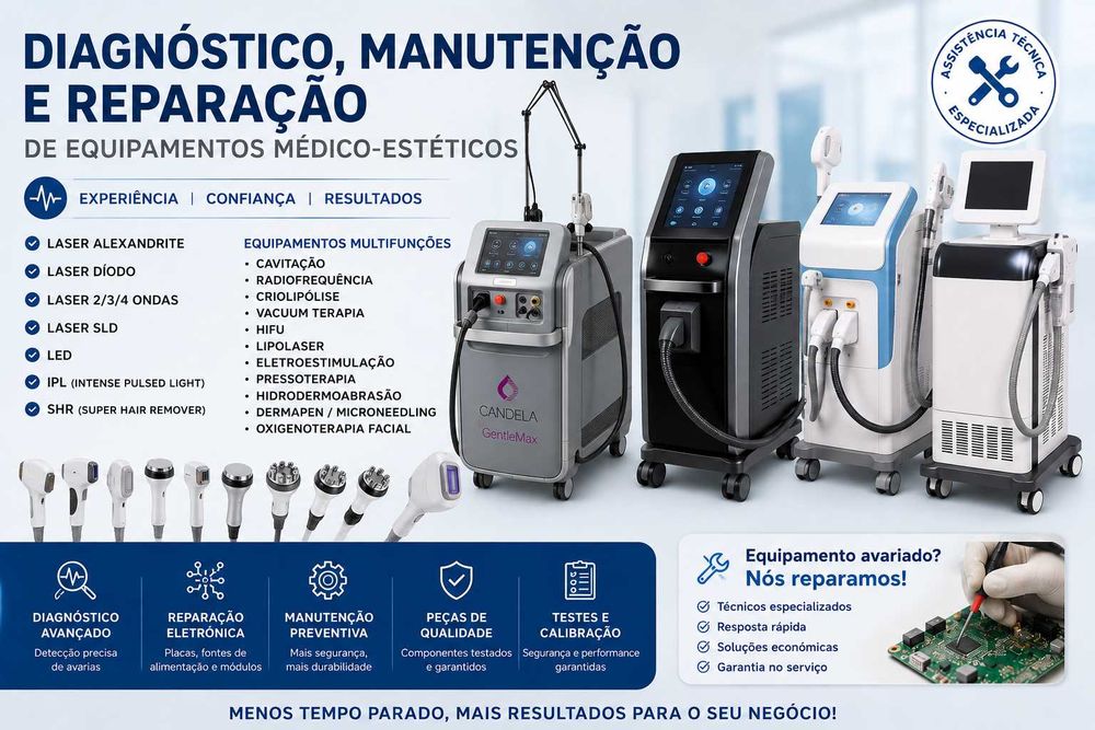 Reparação de Laser Alexandrite, Díodo, 3 e 4 Ondas, LED, IPL, SHR e Equipamentos de Estética