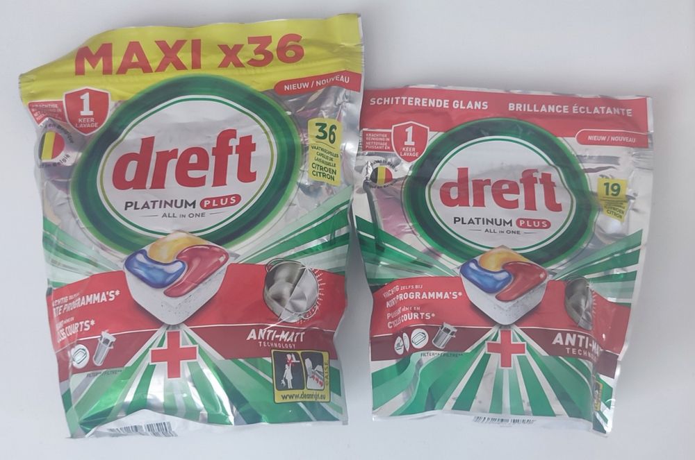 Kapsułki do zmywarki Dreft Platinum PLUS All in One_2 opakowania 36 + 19