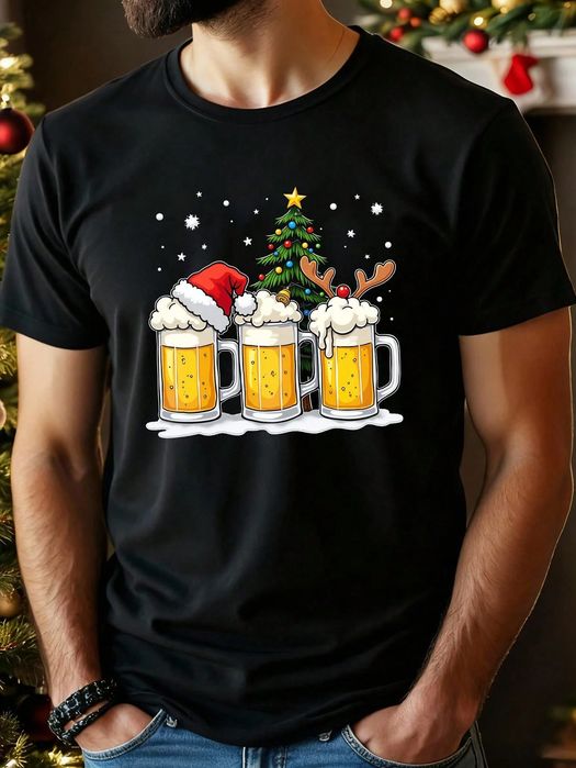 T-shirt t męski shirt świąteczny czarny z okrągłym dekoltem SHEIN M
