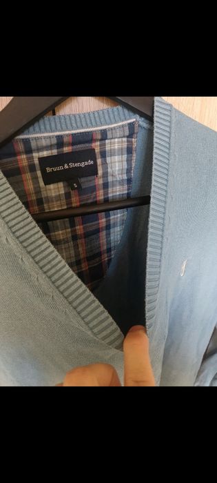 Sweter Męski Bruun & Stengade V-neck Dekolt Serek Bawełna Krata Błękitny S
