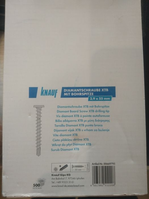 KNAUF Wkręt z borem do płyt DIAMANT XTB 3,9X55 500szt/opak