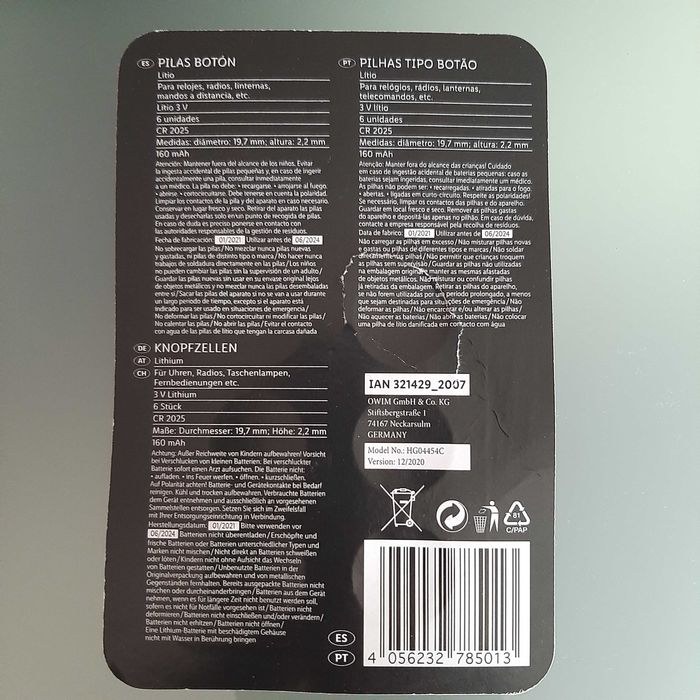 NOVO Pilhas Lítio CR 2025 3.0V 160mAh