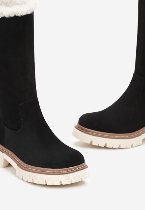 Czarne Botki z Długą Cholewką Ozdobioną Futerkiem R 36