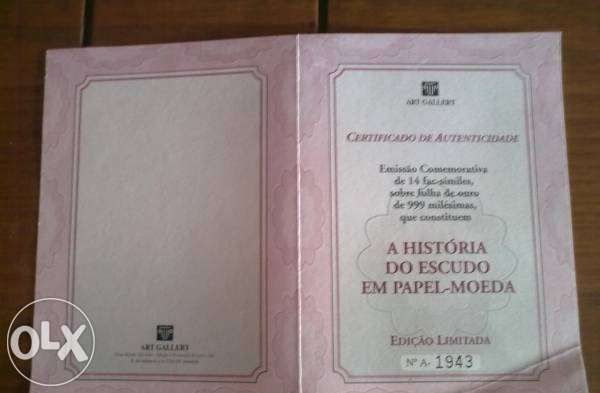 História do Escudo Papel-Moeda Folha de Ouro Moldura Edição Especial