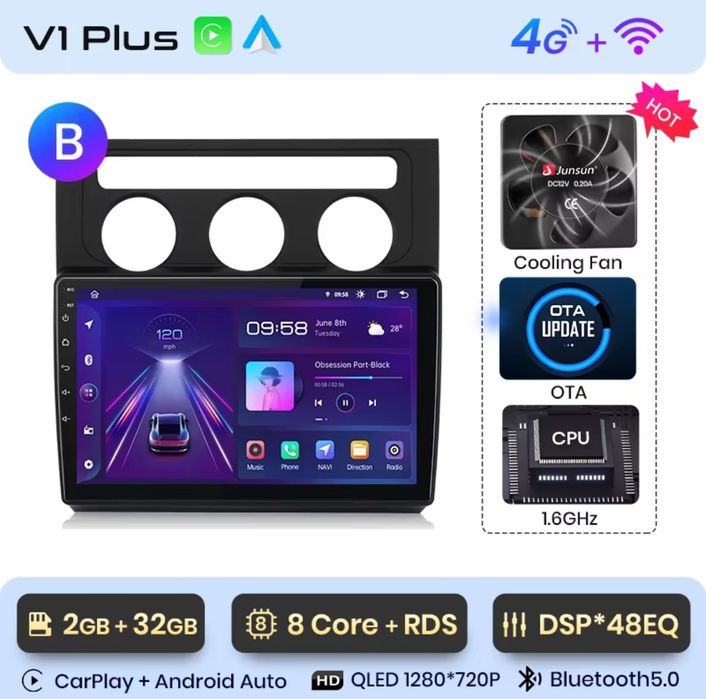 Rádio 10" Android Volkswagen TOURAN 2003-10 CARPLAY WIFI GPS 2/32GB