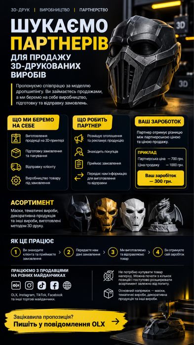 Шукаємо партнерів для продажу 3D-друкованих виробів за моделлю дропшипінгу.