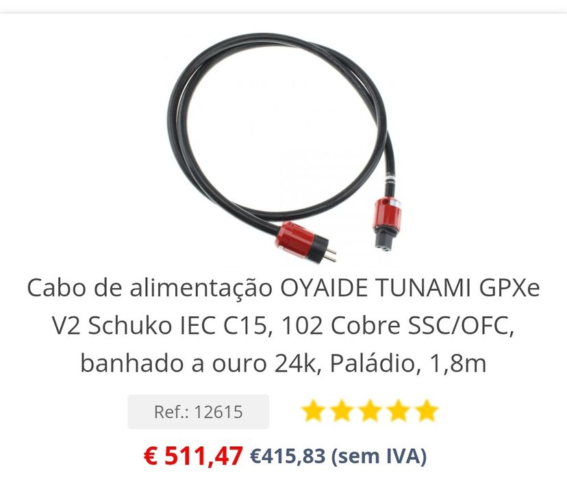 Vendo o fabuloso cabo Oyaide Tunami V-2  Hi End