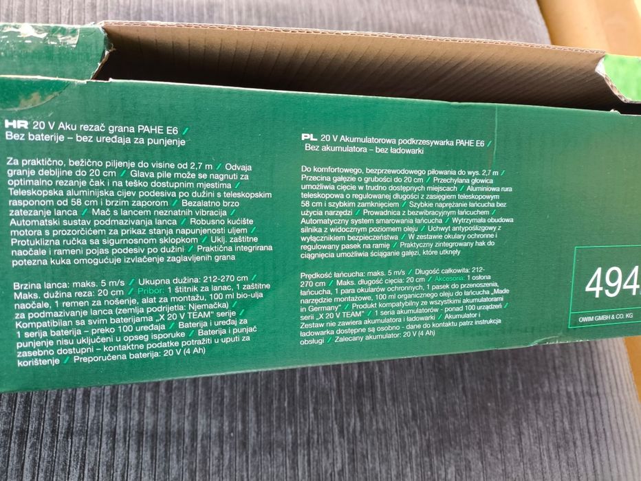 Okrzesywarka akumulatorowa, piła łańcuchowa na teleskopie Parkside PAHE E6