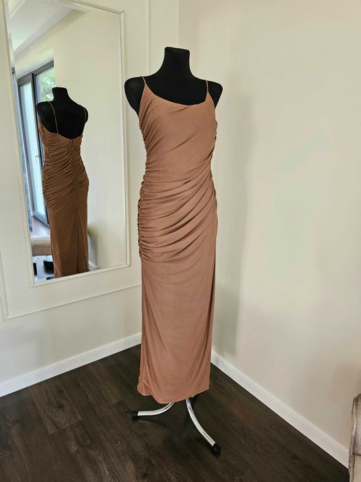 Sukienka maxi drapowana jasnobrązowa Asos XL 42 L 40 na ramiączkach