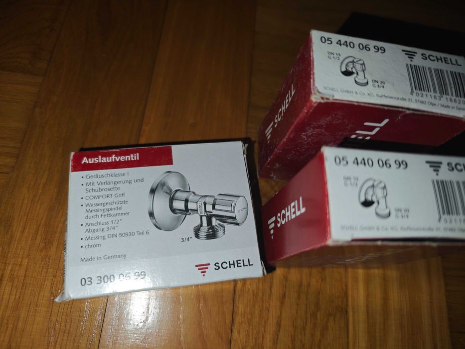 Zawór nowy kątowy SCHELL 1/2 na 3/4 mosiężny chromowany