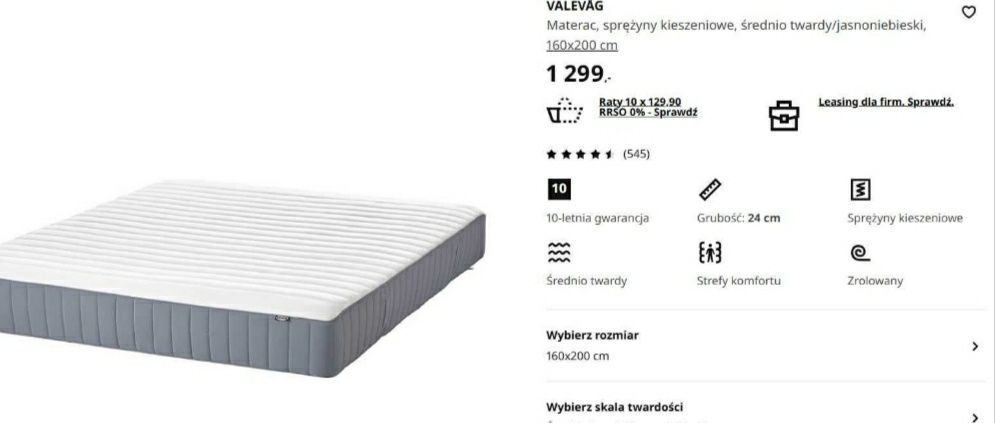 Nowy!!! Materac 160x200 Valevag średnio twardy