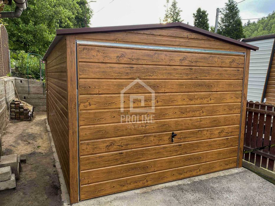 Garaż blaszany 3x5m Brama uchylna drewnopodobny dach dwuspadowy PLG160