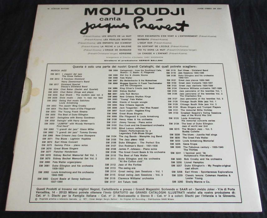 Disco Vinil LP Mouloudji Canta Jacques Prévert