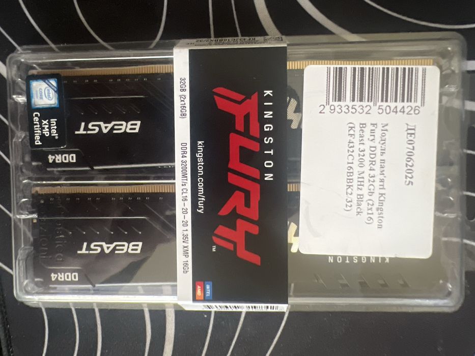 Оперативна память DDR4 32Gb (2x16) Kingston Fury Beast 3200 MHz Black (KF432C16BBK2/32)
