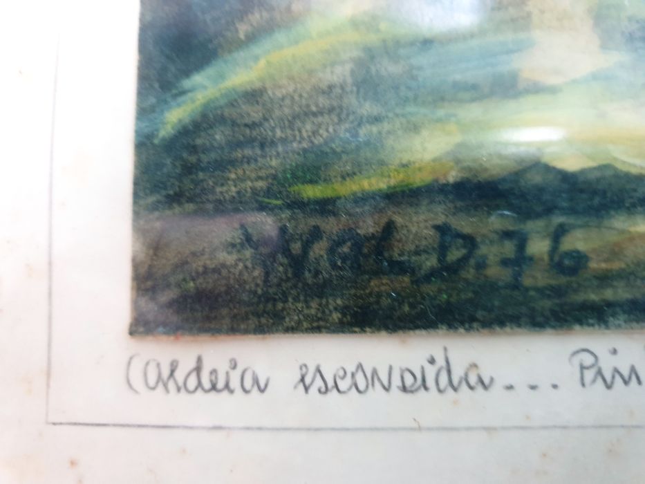WALDEMAR: Aguarela paisagística "Aldeia escondida" assinada de 1976
