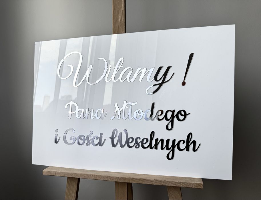 Tablica ślubna pleksi lustrzany srebrny napis witamy Pana młodego ślub