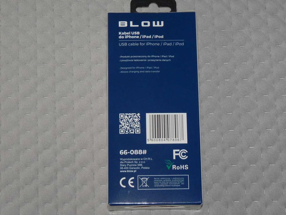 Kabel USB Lightning do iPhone iPad iPod dł 1 m biały Blow