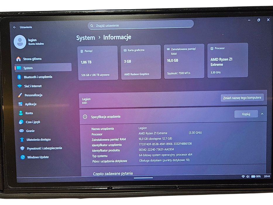 Konsola przenośna Lenovo Legion GO, Ryzen Z1, SSD 2TB, 16GB RAM