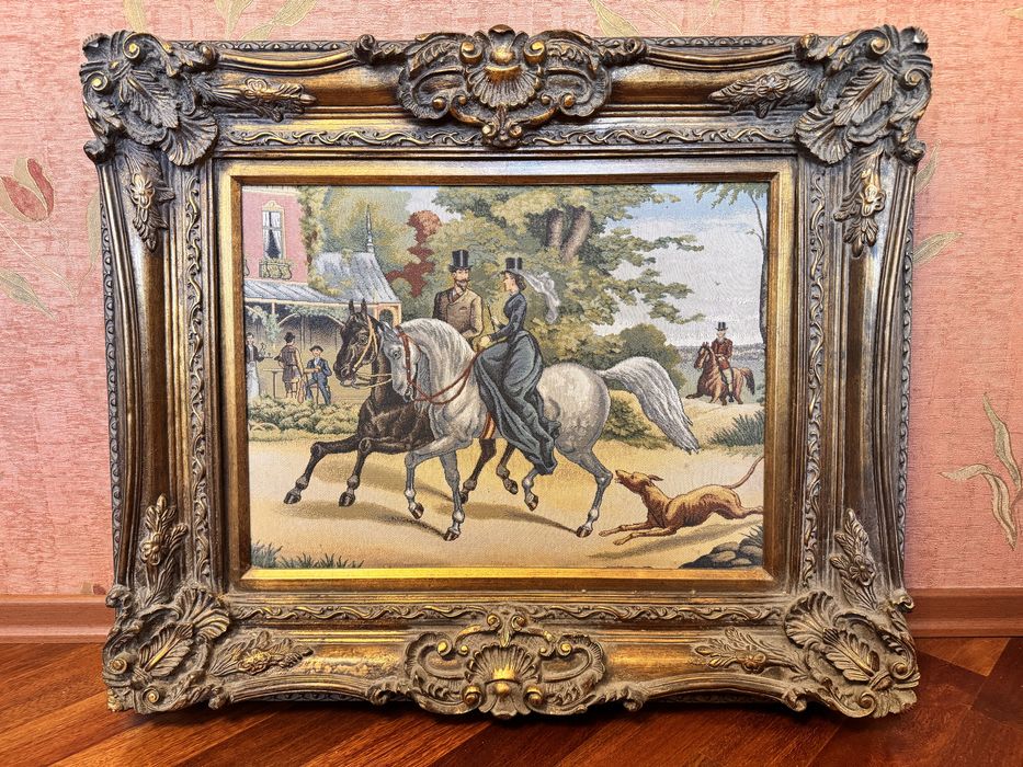 Європейський гобелен «Кінна прогулянка» у масивній рамі, 88×73 см