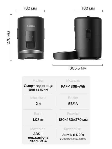Автоматична Wi-Fi годівниця ROJECO 2L для котів і собак