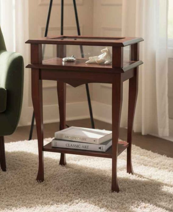 Mesa vitrine com tampo de abrir