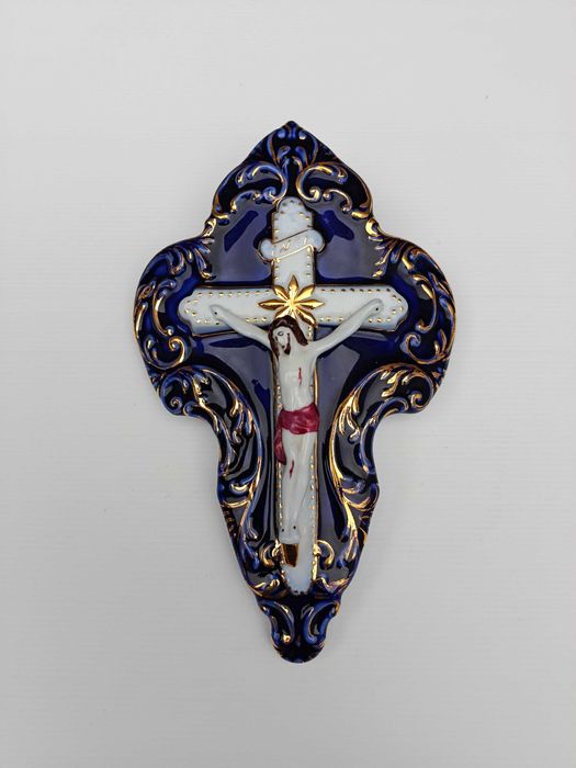 Crucifixo Cristo Porcelana Policromada 22 cm Antigo Marcado