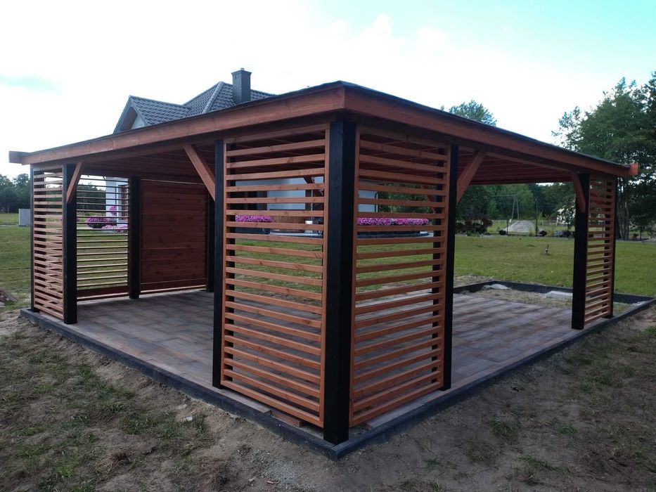 Nowoczesna altana narożna w kształcie "L-ki"