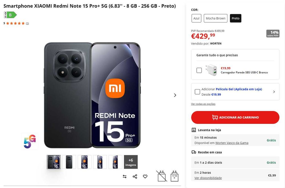 Xiaomi Redmi Note 15 Pro+ 5G – 256 GB / 8 GB RAM – Preto | Novo, caixa selada | 408,49€ - 5% DESCONTO