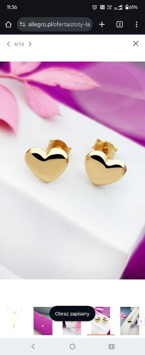 Złoty komplet  łańcuszek + kolczyki, serce, gładkie, delikatne pr 585