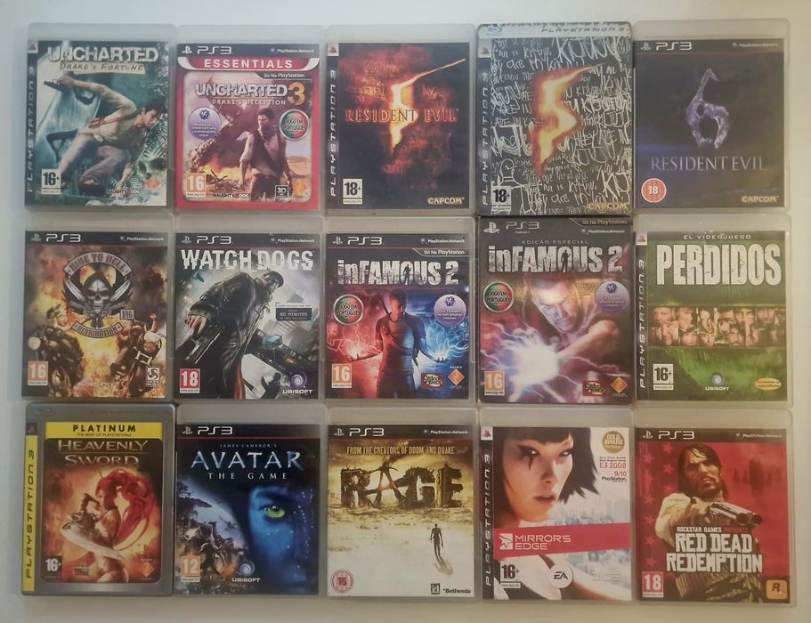 Resident Evil,Uncharted,Red Dead Redemption,Heavenly Sword,Infamous,whatcdogs,Rage,Mirror's Edge e Avatar PS3