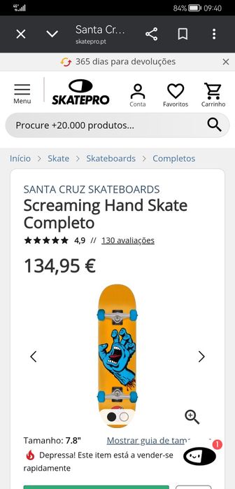 Skateboard novo Santa Cruz Screaming Hand e usado Surf Pintail