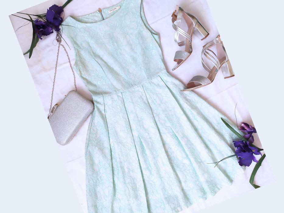 Sukienka pastelowa delikatna wizytowa miętowa koronkowa koktajlowa